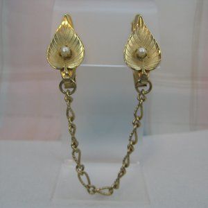 Vintage Leaf Sweater Clasp Gold Chain Faux Pearl